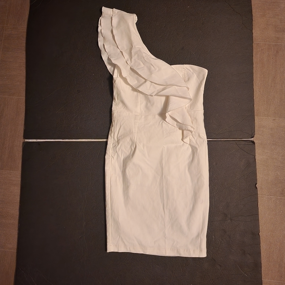 BABE One Shoulder White Ruffle Mini Dress Size M (Flaw)